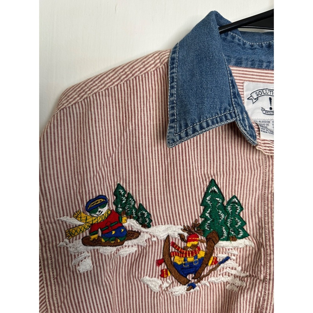 VTG Solutions Original Size M Striped Embroidered Skiing Animals Button Up Shirt - Picture 5 of 8